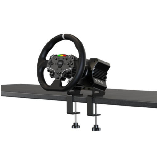 Moza R5 gaming wheel on a desk with a table clamp.