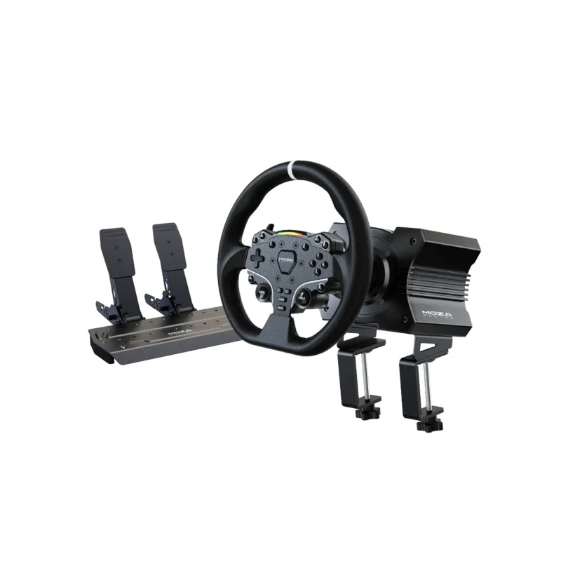 Moza R5 Direct Drive Bundle gaming wheel set with ES steering wheel and SRP Lite pedals.